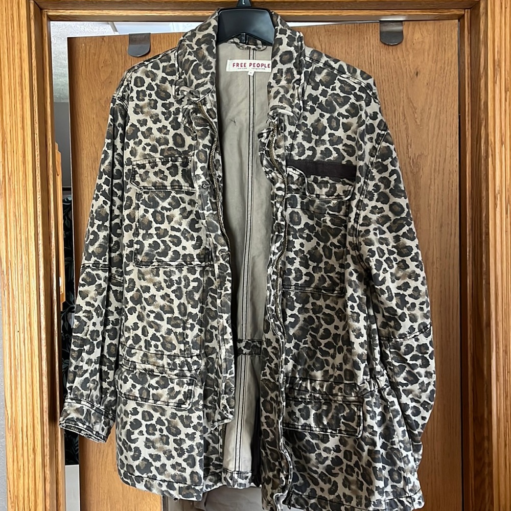 Free People Seize The Day Leopard Print Animal Utility Denim Jacket